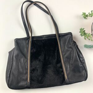 Max Black Faux Leather Fur Gold Chain Purse Tote Shoulder Handbag